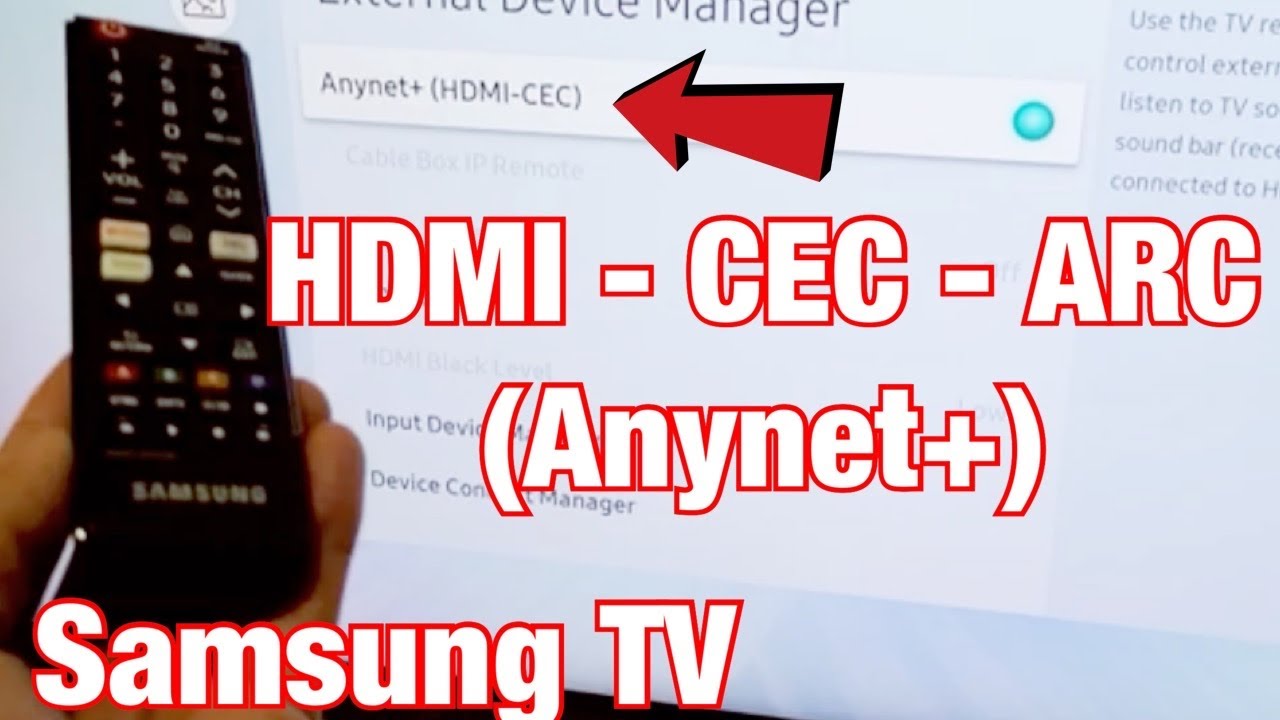 HDMI - CRC - ARC(Aynet+) Samsung TV written, a remote in the background